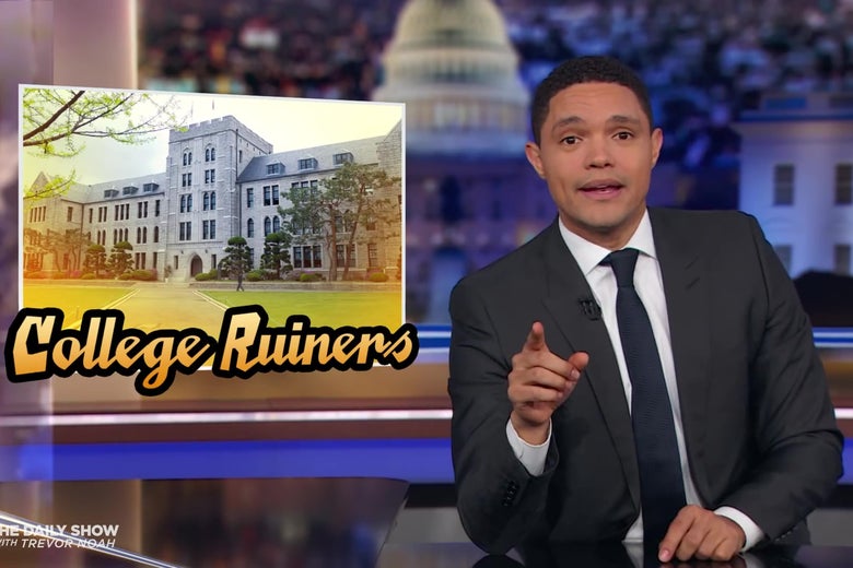 Trevor Noah behind an anchor desk.
